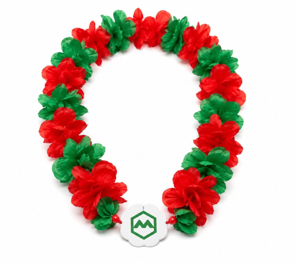 Christmas in July swag and give away idea: branded Hawaiian leis